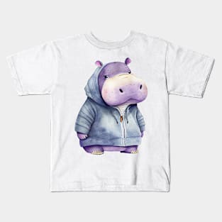 Cartoon Hippopotamus Wearing Hoodie Kids T-Shirt